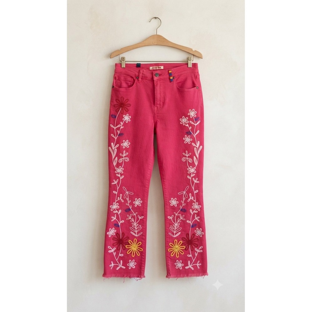 Johnny Was The Cropped Baby Boot Embroidered Pink Jeans 25 Floral Boho Bright